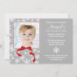 Invitación Fotomontaje en invierno de Snowflake Red Bow en el