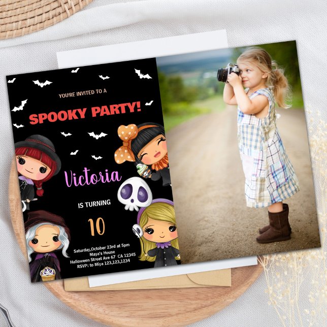 Invitación Fotomontaje Fiesta Black Halloween Cumpleaños (Photo Spooky Party Black Halloween Birthday Invitation)