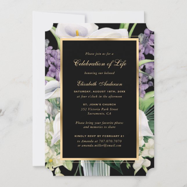 Invitación Fotomontaje floral morado blanco para celebrar la  (Anverso)