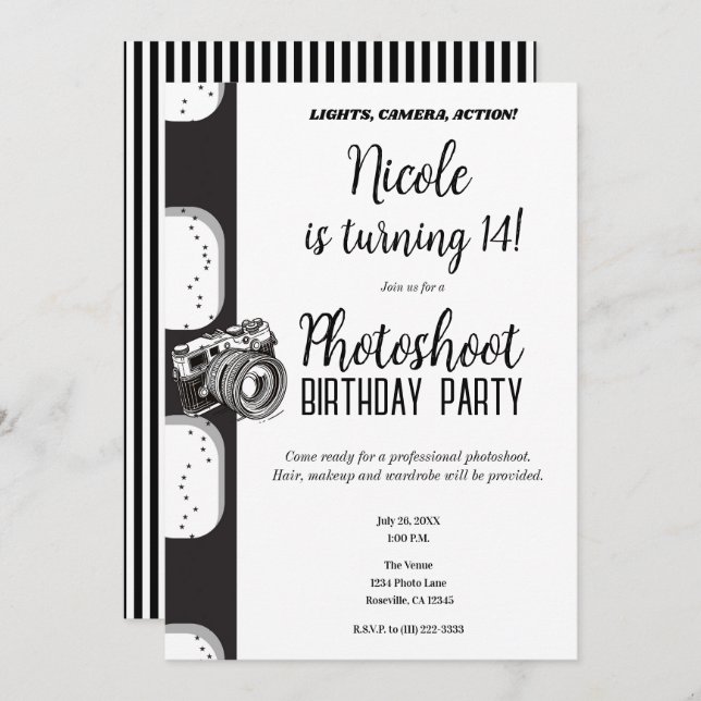 Invitación Fotomontaje fotográfico blanco negro Fiesta de cum (Anverso / Reverso)