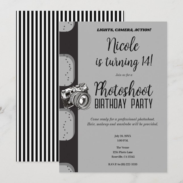 Invitación Fotomontaje fotográfico gris negro Fiesta de cumpl (Anverso / Reverso)