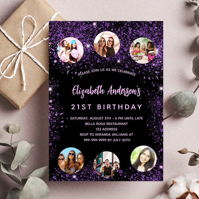 Invitación Fotos amigos de Birday Black Purple sparkles (Subido por el creador)