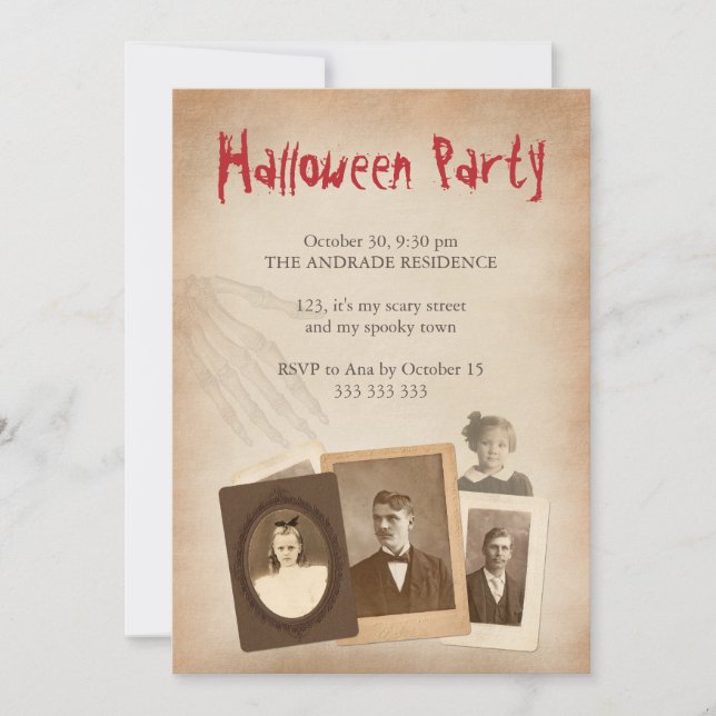 Invitación Fotos antiguas: Mano del esqueleto de Halloween (Anverso)