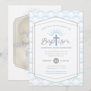 Invitación Fotos azul del bautismo y del personalizado cruzad