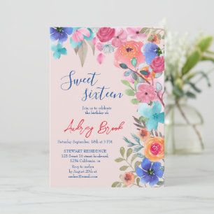 Invitación Fotos color de agua floral de verano rosa Sweet 16