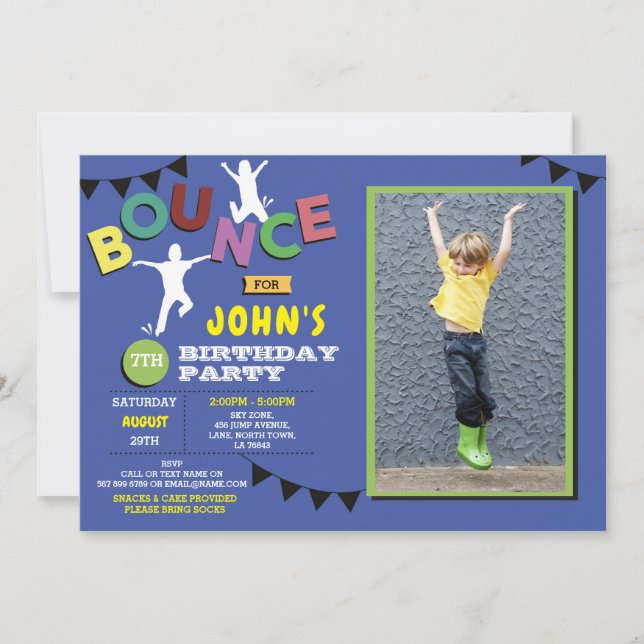 Invitación Fotos Cumpleaños Saltar Bonza Fiesta Trampoline Az (Anverso)