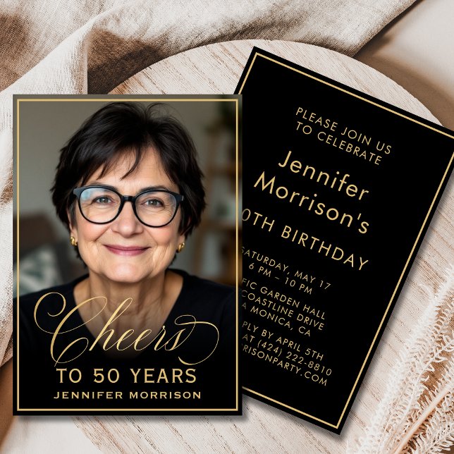 Invitación Fotos de 50 años de cumpleaños en negro y oro (Subido por el creador)
