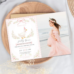 Invitación Fotos de Baby Shower de Niña con Lazo Rosa Preppy 