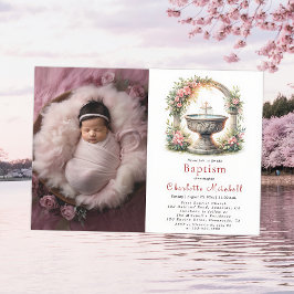 Invitación Fotos de bautismo cruzado elegante con flores rosa