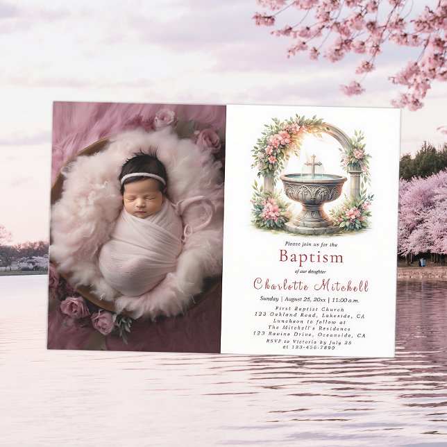 Invitación Fotos de bautismo cruzado elegante con flores rosa (Subido por el creador)