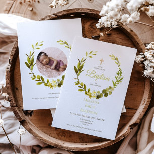 Invitación Fotos de bautismo de acuarela floral verde y rústi