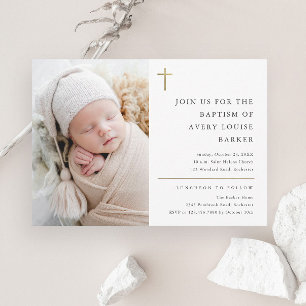 Invitación Fotos de Bautizo de Cruz de Oro Minimalista Modern