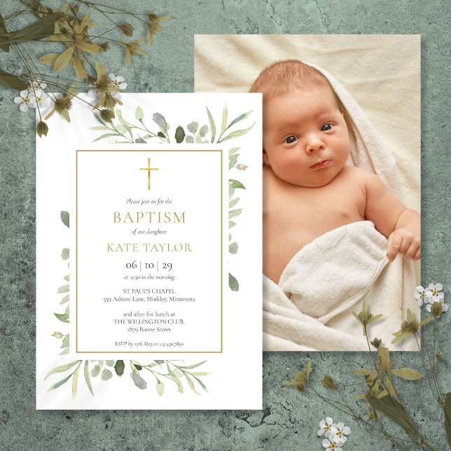 Invitación Fotos de Bautizo Greenery Gold (Greenery Gold Baptism Christening Photo Invitation)