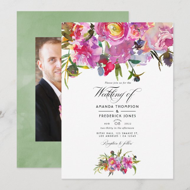 Invitación Fotos de boda con acuarela de peonías rosadas vint (Anverso / Reverso)