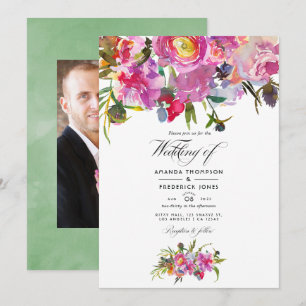 Invitación Fotos de boda con acuarela de peonías rosadas vint