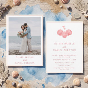 Invitación Fotos de boda de conchas rosadas acuarela de playa