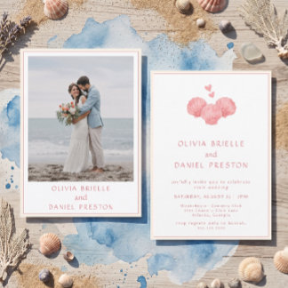 Invitación Fotos de boda de conchas rosadas acuarela de playa
