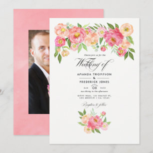 Invitación Fotos de boda de peonías acuarela rosa pastel