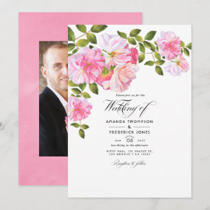 Invitación Fotos de boda en jardín de rosas rosadas
