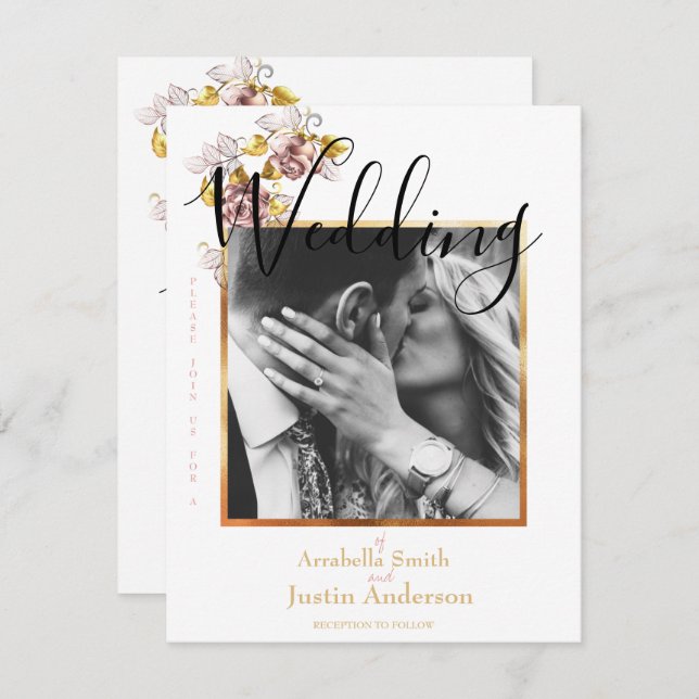Invitación Fotos de boda personalizada Floral Gold Script Whi (Anverso / Reverso)