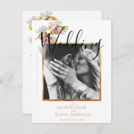 Invitación Fotos de boda personalizada Floral Gold Script Whi