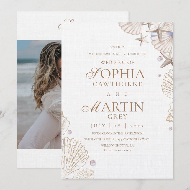Invitación Fotos de Bodas en la Playa de Conchas Costeras (Anverso / Reverso)