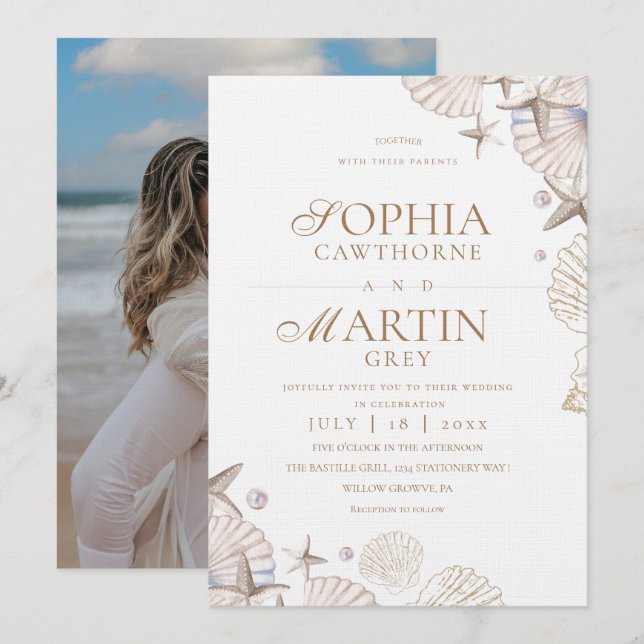 Invitación Fotos de Bodas en la Playa de Conchas Costeras (Anverso / Reverso)