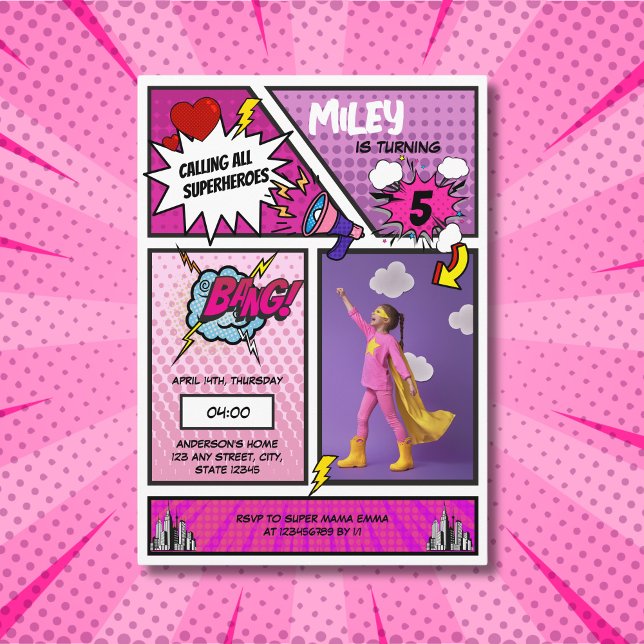 Invitación Fotos de Chica único de superhéroe de historietas  (pink comic book superhero photo girls birthday invitation)