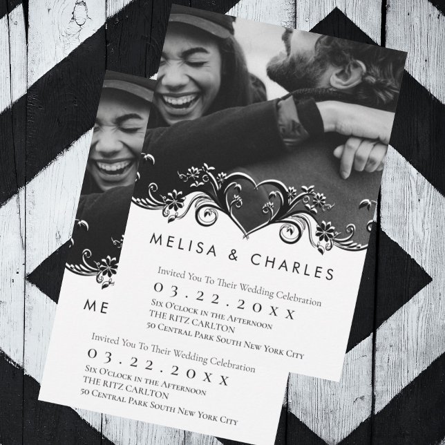 Invitación Fotos de corazón florecientes (Black and white custom photo with white flourish monogram wedding invitation)