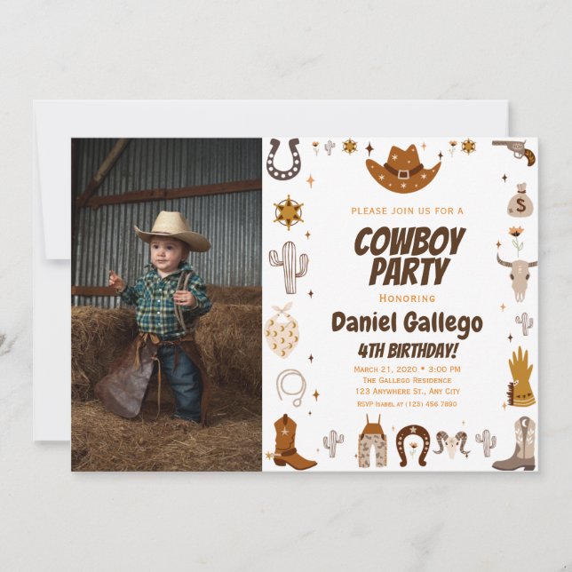 Invitación Fotos de Cowboy Brown Cute Cumpleaños (Anverso)