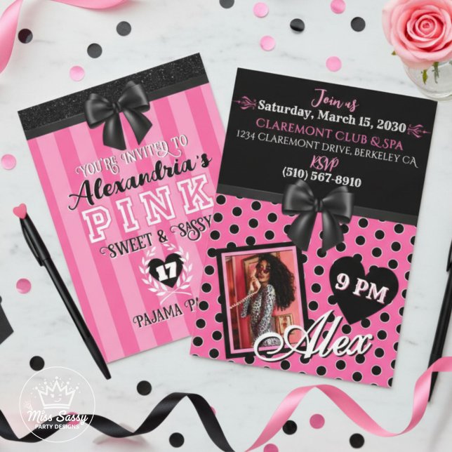 Invitación Fotos de cualquier edad de la fiesta de cumpleaños (Top-down view of Pink Stripes Black Birthday Invitation showing front and back, pink and black color)