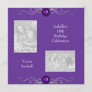 Invitación Fotos de cumpleaños 18 años plata púrpura joya