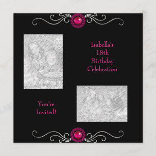 Invitación Fotos de cumpleaños 18 negro plata rosa con adorno