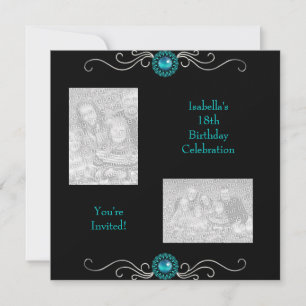 Invitación Fotos de cumpleaños 18 negro plata verde azul joya