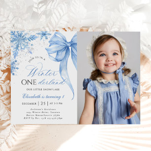 Invitación Fotos de cumpleaños 1.ᵉʳ copo de nieve Blue Bow en