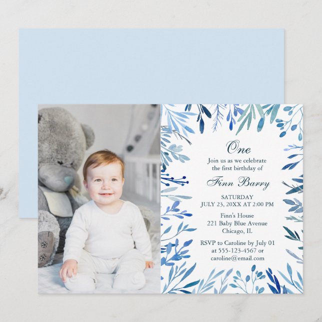 Invitación Fotos de cumpleaños 1.ᵉʳ niño floral azul moderno (Anverso / Reverso)