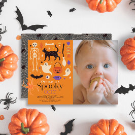 Invitación Fotos de cumpleaños 1 Naranja de Halloween con fan