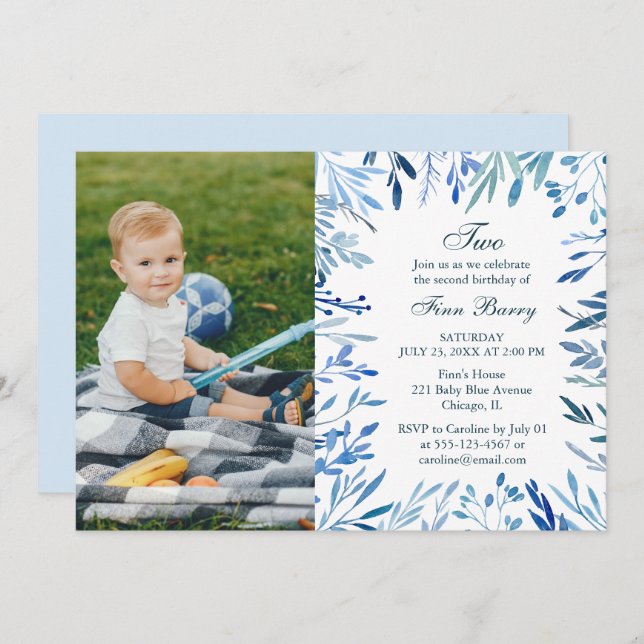 Invitación Fotos de cumpleaños 2 del niño floral azul moderno (Anverso / Reverso)