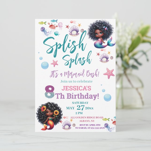 Invitación Fotos de cumpleaños 8 de la sirena afroamericana B (Anverso de pie)
