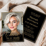 Invitación Fotos de cumpleaños Black & Gold para 21 años<br><div class="desc">Celebre con estilo con esta invitación fotográfica de cumpleaños en negro y oro, que incluye el guión de oro de la moda "Saludos a 21 años". Personalizado con tu foto, este diseño moderno y elegante es la manera perfecta de marcar un hito en el 21º cumpleaños. El frente resalta al...</div>