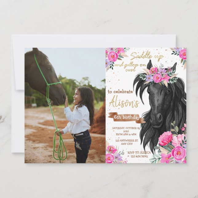 Invitación Fotos de cumpleaños de caballos pequeña silla de v (Anverso)