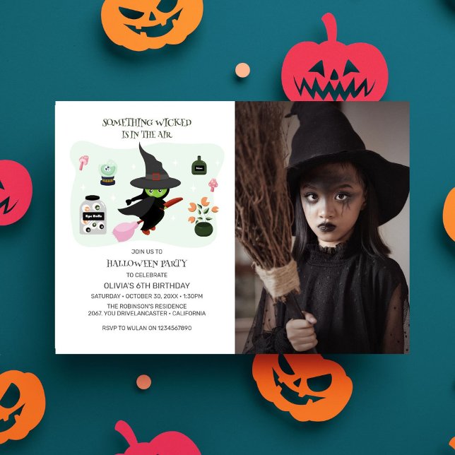 Invitación Fotos de cumpleaños de Halloween, bruja verde malv (Subido por el creador)