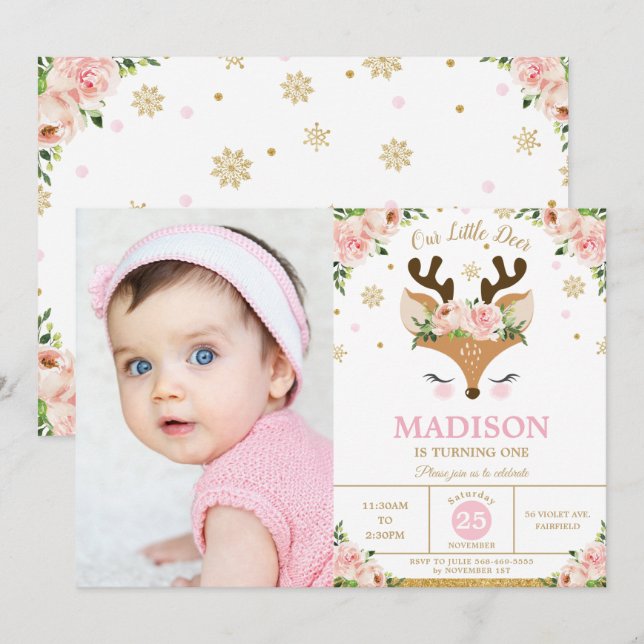 Invitación Fotos de cumpleaños de invierno de flor de reno (Anverso / Reverso)
