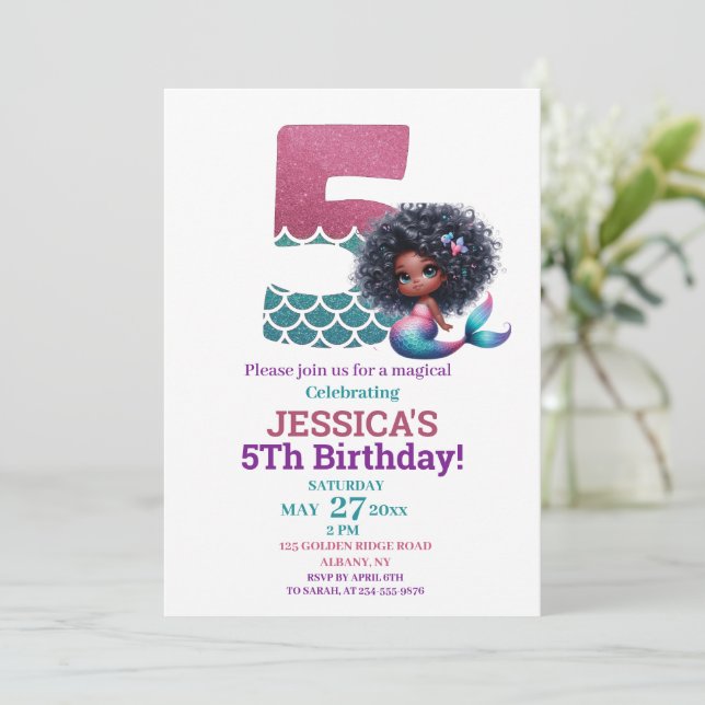 Invitación Fotos de cumpleaños de la sirena afroamericana (Anverso de pie)