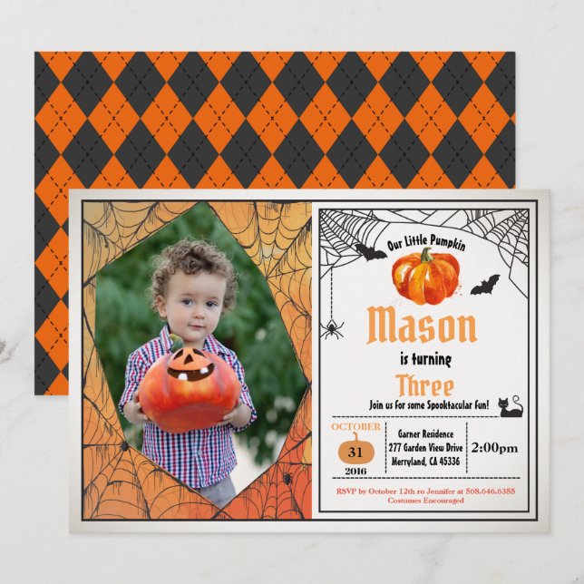 Invitación Fotos de cumpleaños de un niño calabaza de Hallowe (Anverso / Reverso)