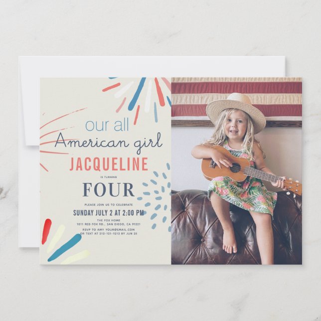 Invitación Fotos de cumpleaños del Chica estadounidense 4 de  (Anverso)