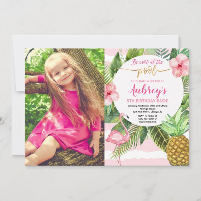 Invitación Fotos de cumpleaños del fiesta de la piscina, rosa (Anverso)