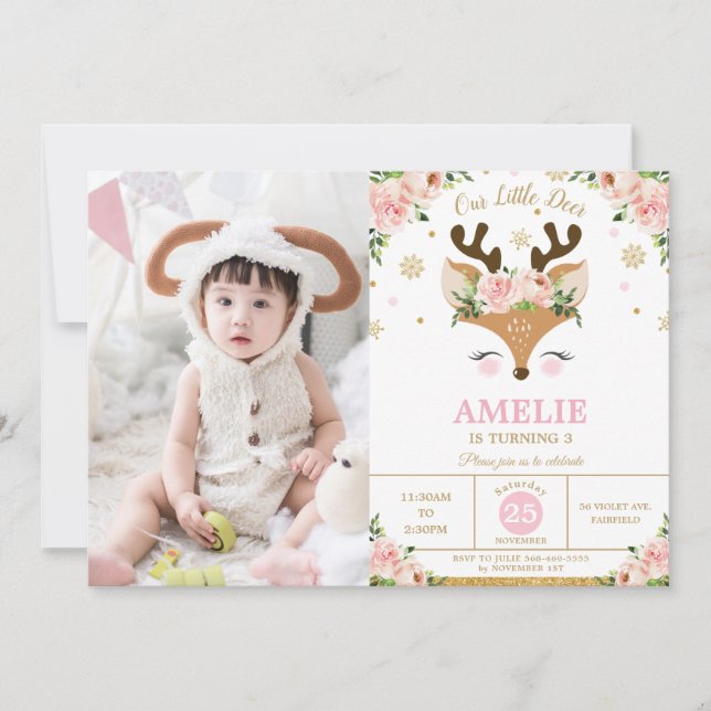 Invitación Fotos de cumpleaños del oro de invierno de renos c (Anverso)