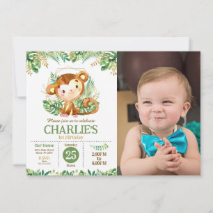 Invitación Fotos de Cumpleaños número 1 Safari de Mono Lindo 