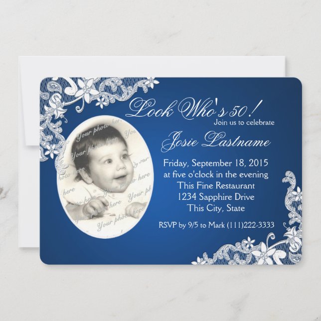 Invitación Fotos de encaje floral y azul de zafiro cumpleaños (Anverso)